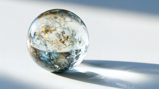 A 3D glass sphere of the Earth with continents on a blue background