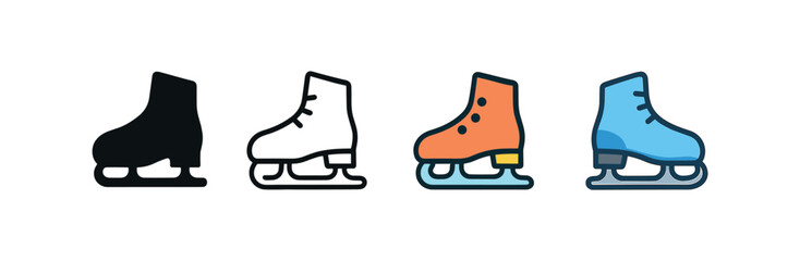 Vector icon ice skates pair same pose same proportions four styles black solid glyph outline minimal flat multicolor filled cartoon flat shaded.