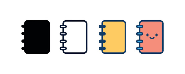 Vector icon notebook spiral same pose same proportions four styles black solid glyph outline minimal flat multicolor filled cartoon flat shaded.