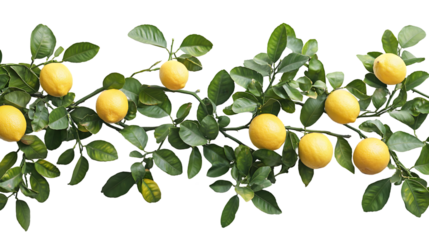Lush green lemon tree branches with vibrant yellow ripe lemons growing isolated on a transparent background