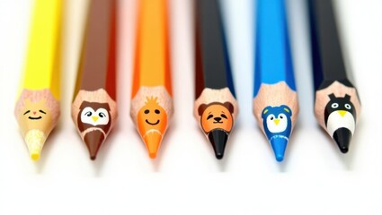 Obraz premium Colorful animal-themed pencils lined up on a clean white background