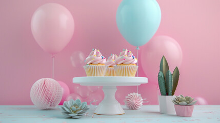 Pastel celebration scene with pink and blue balloons, frosted cupcakes on a white stand, succulents in pots, and delicate decorations, creating a cheerful, modern, and sweet party atmosphere full of c