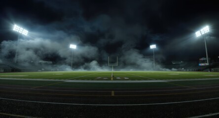 Night football field, smoke filling the air, spotlights shining bright