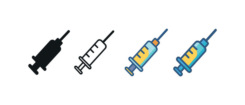 Vector icon syringe vaccine same pose same proportions four styles black solid glyph outline minimal flat multicolor filled cartoon flat shaded.