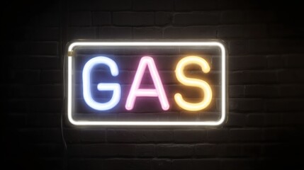 Obraz premium Neon gas sign illuminated on dark brick wall. Glowing colorful letters for service station or fuel pump advertisement. Retro style electric signage for night visibility