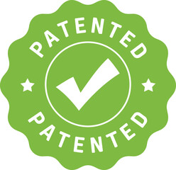 Green patented stamp vector illustration with check mark symbol, approval label, certification badge, trademark protection design, intellectual property rights guarantee, verified seal icon