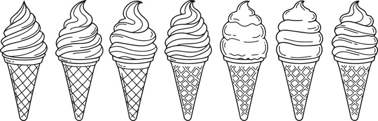 Ice cream cone illustration set with different swirl designs, waffle cone details, dessert collection, sweet food sketch, summer treat vector drawing