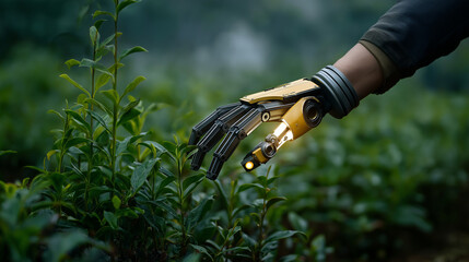 An arm harvests plants, the tech scene illuminated by soft light. Arm, plants, with copy space