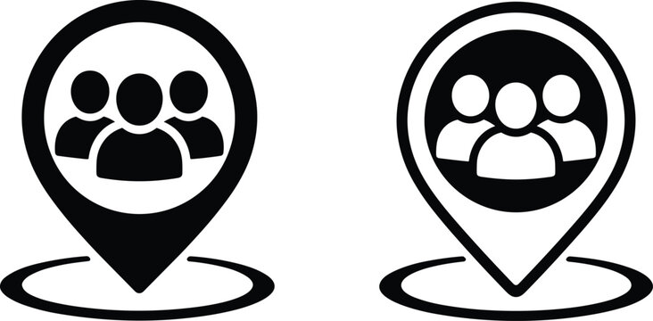 Location pin icon with people group silhouette, community map marker symbol, social connection vector, teamwork, networking, communication, meeting place illustration design