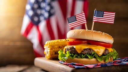 Delicious cheeseburger and corn on the cob with american flags celebrate independence day festive barbecue