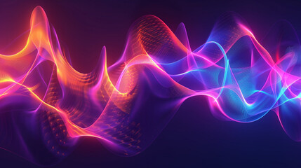 A mesmerizing digital artwork featuring vibrant neon waves of blue, pink, and purple light flowing across a dark background, symbolizing energy, motion, creativity, and the futuristic harmony of techn