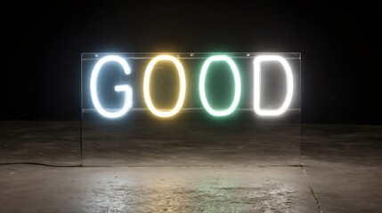 Neon sign spelling 'GOOD' in multicolor letters on dark background. Glowing text display for positive message. Illuminated word art for motivational decor and night ambiance.
