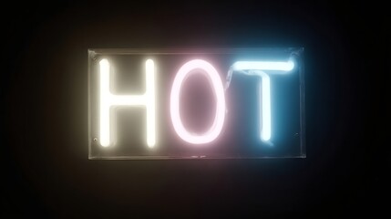 Neon sign with word 'HOT' in glowing white, pink, and blue letters on dark background. Illuminated text for nightlife, bar, or club decor. Retro style lighting display