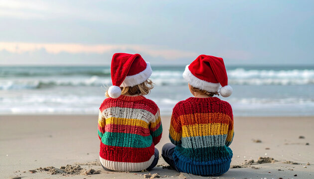 Kids in Santa Hats Relaxing on Sunny Beach - Powered by Adobe