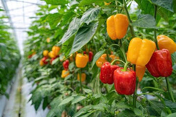 Obraz premium Vibrant peppers hanging in a greenhouse