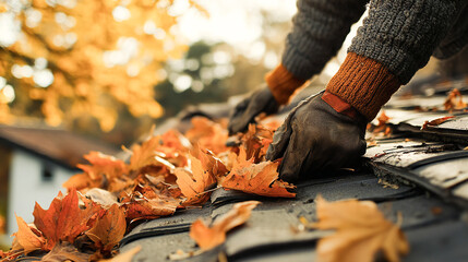 Person cleaning autumn leaves from a roof, emphasizing fall maintenance and home care