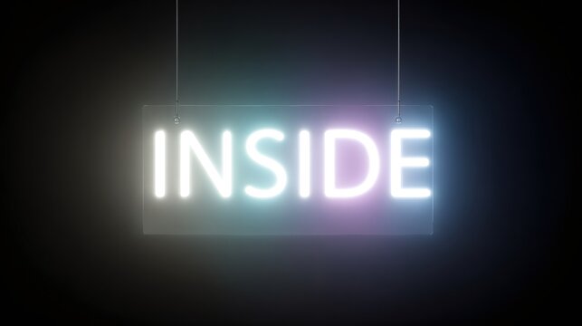 Glowing neon sign displaying 'INSIDE' word against dark background. Illuminated text in white light with multicolor halo effect. Modern nightlife or interior decor element - Powered by Adobe