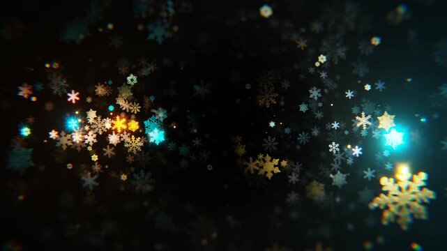 Winter background with lots of colorful snowflakes and glowing lights. The luminous elements add a sense of celebration and coziness, reminding of New Year and Christmas decorations. 2025, 2026