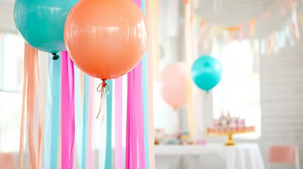 Light birthday room decorated with hanging streamers, party balloons, and table covered with party favors