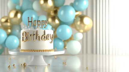 birthday pastel-colored balloons, sparkling cake on white table, and "Happy Birthday" text in glowing gold letters , copy space