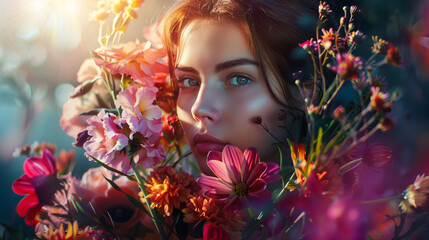 A serene young woman with closed eyes wears an extravagant floral crown, showcasing vibrant blossoms in full bloom, blending nature and art into a poetic, dreamy, and visually captivating portrait of 