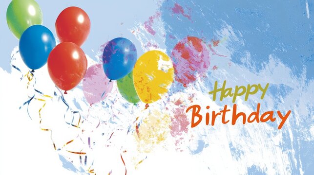 birthday banner with vibrant "Happy Birthday" text and colorful streamers, with balloons and presents. with copy space