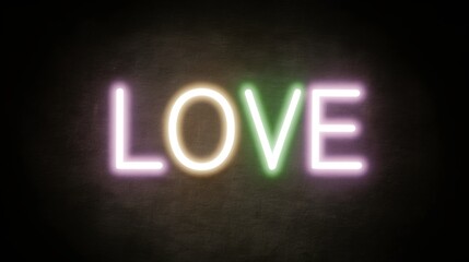 Colorful neon love sign on dark background. Glowing letters spelling romantic word. Illuminated text for Valentine's Day decoration or wedding design. Bright nightlife concept.