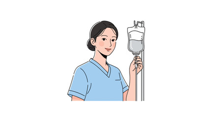 Smiling nurse adjusting IV drip, vector illustration of healthcare professional with infusion equipment in hospital setting
