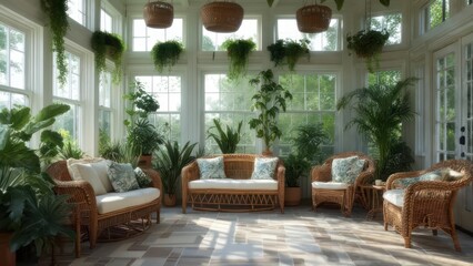 Sunroom with plants and wicker furniture