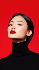 Chinese female model with red lipstick is posing for high fashion magazine in china in front of red background