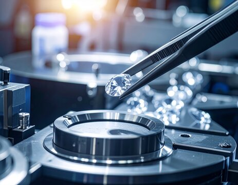 Solitaire Diamond Dropping into Weight Scale in Machine through Metal Tweezers by Gemologist in Diamond Factory