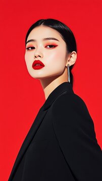 Chinese female model with red lipstick is posing for high fashion magazine in china in front of red background
