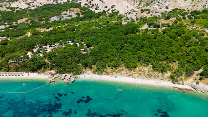 Campsite at Campig Skrila, Krk Island, Stara Baska Croatia, Aerial View of the Mountains and Coast With Boats, Beaches and Adriatic Sea. The Seaside Rv Campmobiles on a Summer Beautiful Coastline