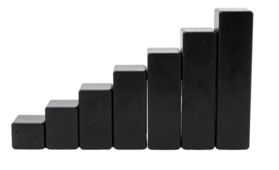 Minimalist black rising bar chart blocks symbolizing growth, success, and progress isolated on the transparent background