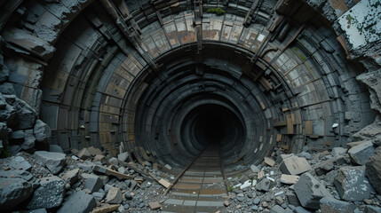 Collapsed mine tunnel in Karmadon gorge, dark and dirty.