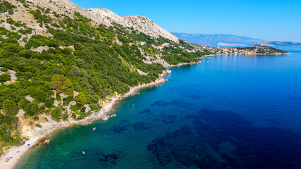 Campsite at Campig Skrila, Krk Island, Stara Baska Croatia, Aerial View of the Mountains and Coast With Boats, Beaches and Adriatic Sea. The Seaside Rv Campmobiles on a Summer Beautiful Coastline