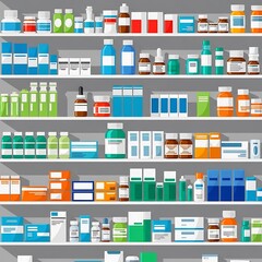Organized pharmacy shelves displaying a variety of medication packaging and pharmaceutical products carefully arranged