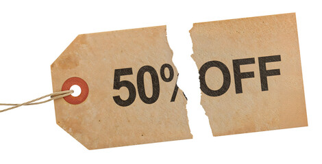 Torn 50 percent off discount tag with string isolated on the transparent background represents cancelled sale or broken offer