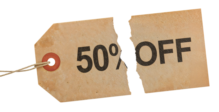 Torn 50 percent off discount tag with string isolated on the transparent background represents cancelled sale or broken offer - Powered by Adobe