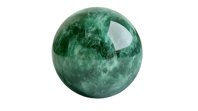 Mesmerizing spherical gemstone or crystal orb in a vibrant green color reflecting light isolated on a transparent background