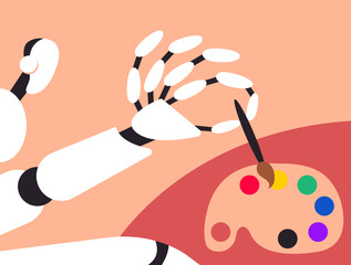 AI Robot Hand Painting with Brush and Palette. Artificial Intelligence in Art and Creativity Concept. Flat Vector Illustration.