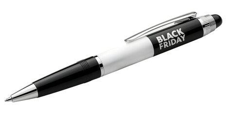 Black friday promotional ballpoint pen with metallic clip and glossy finish isolated on the transparent background for marketing and advertising campaigns