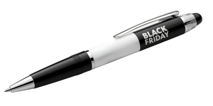 Black friday promotional ballpoint pen with metallic clip and glossy finish isolated on the transparent background for marketing and advertising campaigns