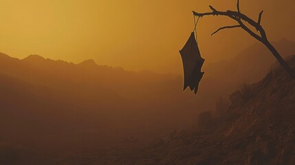 Surreal landscape with tattered cloth hanging from a branch under golden sky