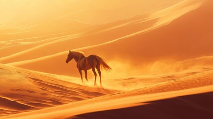 Majestic horse traversing vast desert landscape under golden light haze and dramatic sand dune