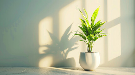 Vibrant green potted plant basking in warm sunlight near a bright window, casting soft natural shadows on the wall, creating a minimalist yet refreshing indoor atmosphere filled with peace, elegance, 
