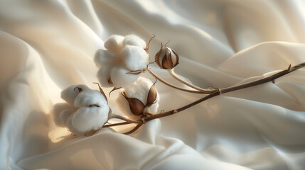 Soft cotton branch resting on smooth fabric with warm natural sunlight, symbolizing purity, comfort, and nature’s elegance, creating a cozy, minimal, and calming atmosphere perfect for organic lifesty