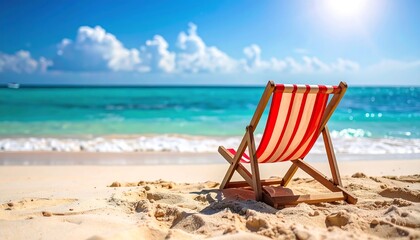 A sunny beach scene, depicting a wooden striped chair facing the turquoise ocean, waves lapping the sandy shore, puffy white clouds in the bright sky. The sun shines down on the beach setting