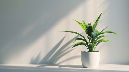 Minimalist indoor plant in a white pot placed against a soft green wall, with natural sunlight casting beautiful shadows, creating a calming, fresh, and modern home decor atmosphere full of serenity.
