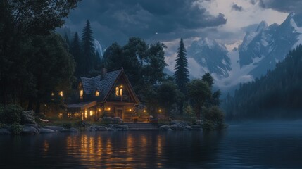 Fototapeta premium Idyllic lakeside cabin glowing against a dramatic mountain backdrop under a twilight sky